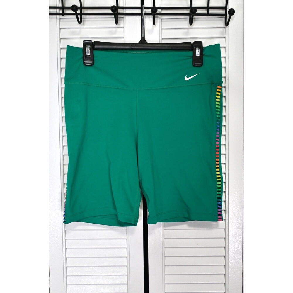 Nike Dri-FIT Green Biker Shorts Women’s Size L Rainbow Side Stripe